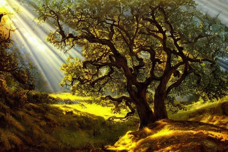 Image similar to masterpiece painting of oak trees on a hillside overlooking a creek, dramatic lighting with god rays, by marc davis