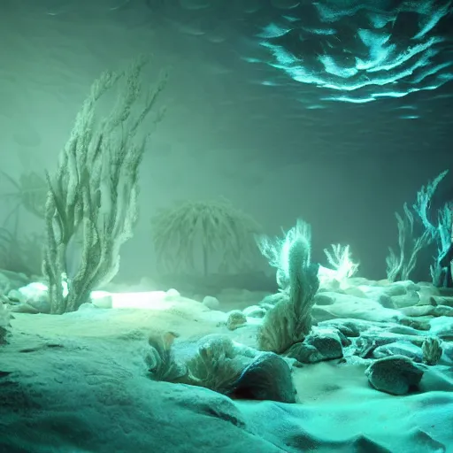 Prompt: thousands of bioluminescent sea creatures, ethereal lighting, volumetric lighting, octane render, photo real, hyperdetailed, cinematic