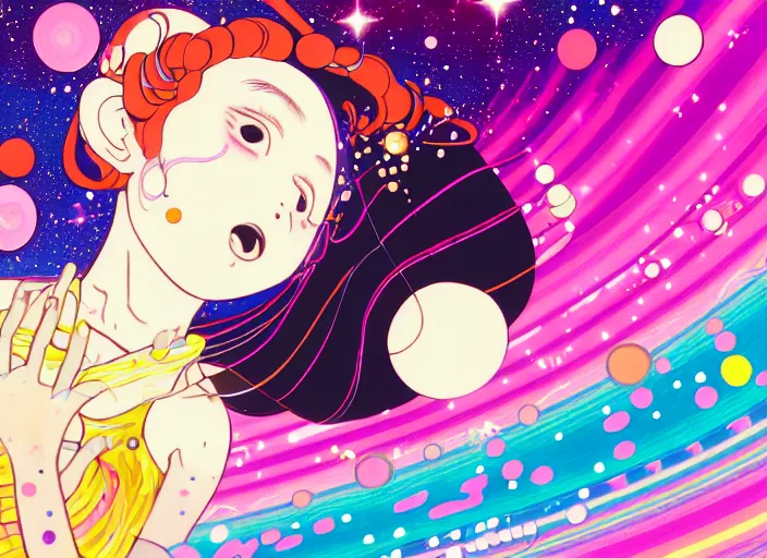 Prompt: portrait of a young girl dancing in space,Hiroyuki Imaishi,Studio Trigger,gustav klimt, kawaii, manga, bright colors,beautiful, 28mm lens,gradation,loish, rule of thirds fibonacci, Ilya Kuvshinov, Kyoto Animation,Mucha,Murata Range, fine detail