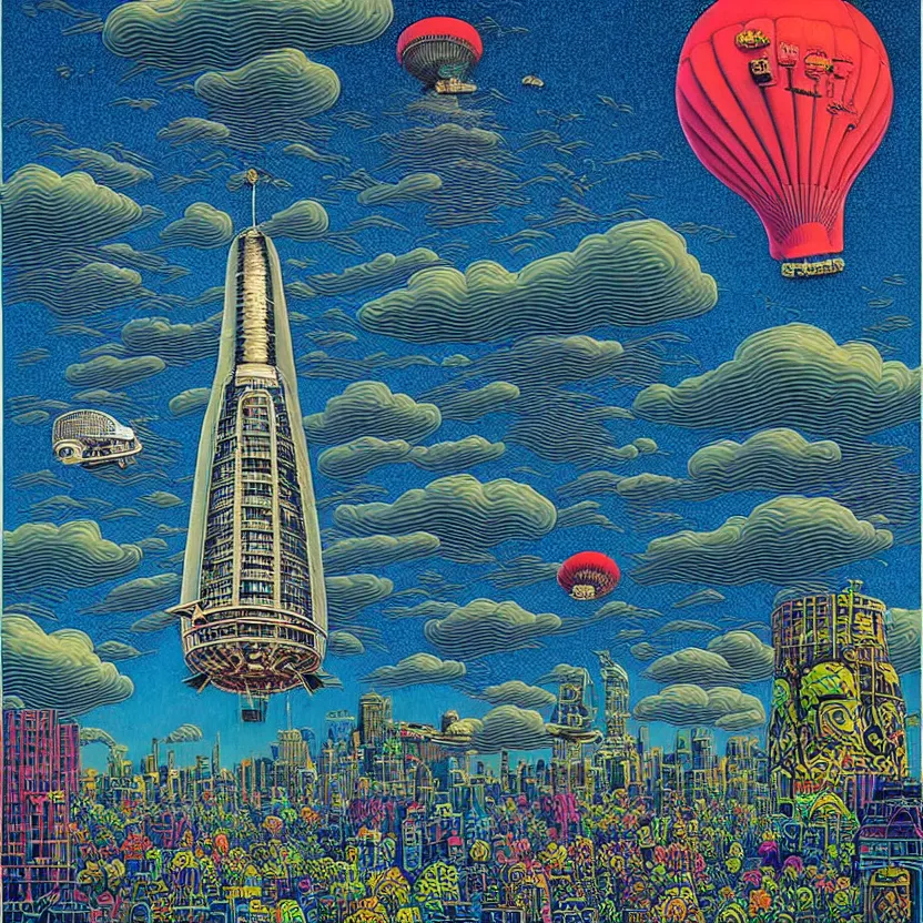 Image similar to surreal glimpse into other universe, mahanakorn tower with airship floating n the sky, summer morning, very coherent and colorful high contrast, art by!!!! rafal olbinski!!!!, geof darrow, floralpunk screen printing woodblock, dark shadows, hard lighting, stipple brush technique,