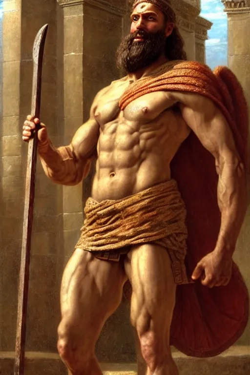 Prompt: ancient spartan gigachad hero in ancient courtyard, wearing a toga, holding a spear!! babylonian beard, herculean bulging muscular figure, beautiful gigachad, soft lighting, highly detailed face!!, sharp focus, artstation, sophie anderson, arnold armitage, loish, thomas kinkade