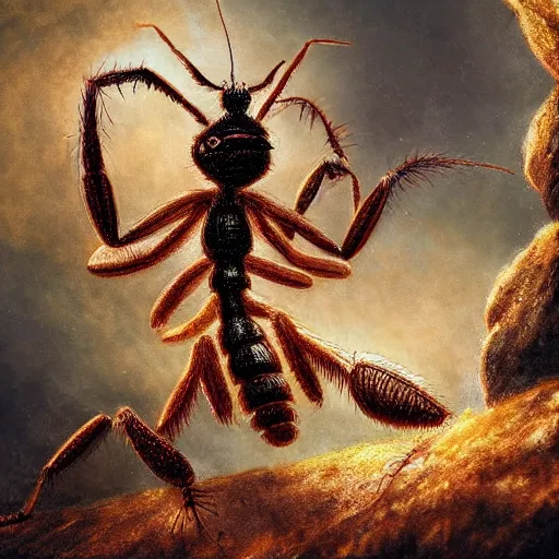 Image similar to fantasy art hyper realistic ai created interesting bizarre subconscious of an ant with fractal vignette edge fantastic art award winning best ultra detailed magnificent