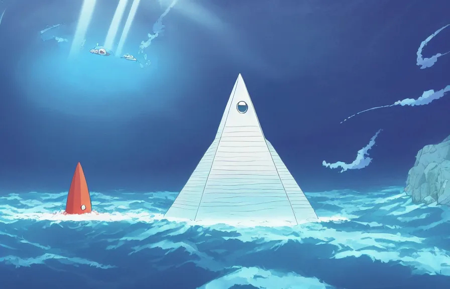 Prompt: a realistic studio ghibli cell - shaded cartoon showing a futuristic submarine swimming in front of a white pyramid underwater at the bottom of the sea. shafts of sunlight come from above. wide shot, very dull muted colors, hd, 4 k, hq