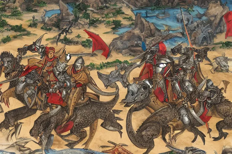 Prompt: diorama of 6 medieval knights riding dinosaurs, swords drawn, in the style of boylei hobby time