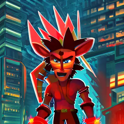 Prompt: cyberpunk crash bandicoot as the leader of a futuristic communist nation, cybernetics, sharp lines, digital, artstation, colored in