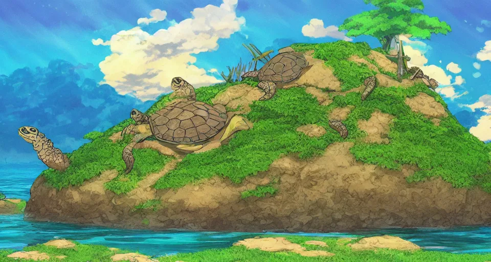 Image similar to a turtle island , fantasy painting by Studio Ghibli,trending on artstation