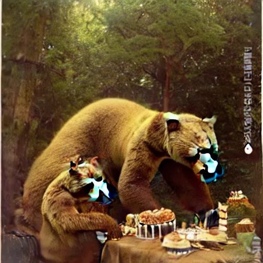 Image similar to polaroid photo of a bear eating cake at his 7 0's birthday at a zoo, highly detailed painting by gaston bussiere, craig mullins, j. c. leyendecker