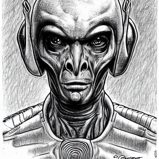 Image similar to Hand drawn illustration of a space alien, by James Gurney in the style of a pencil sketch.