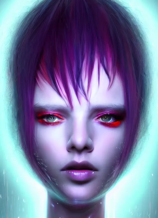 Image similar to hair whitebangs hair, black cyberlox, portrait of teenage girl with white bangs, whitebangsblackhair, messy bangs, cyberlox, whitebangs, red irises, purple clothes, intricate, elegant, glowing lights, highly detailed, digital painting, artstation, concept art, sharp focus, illustration, art by wlop, mars ravelo and greg rutkowski