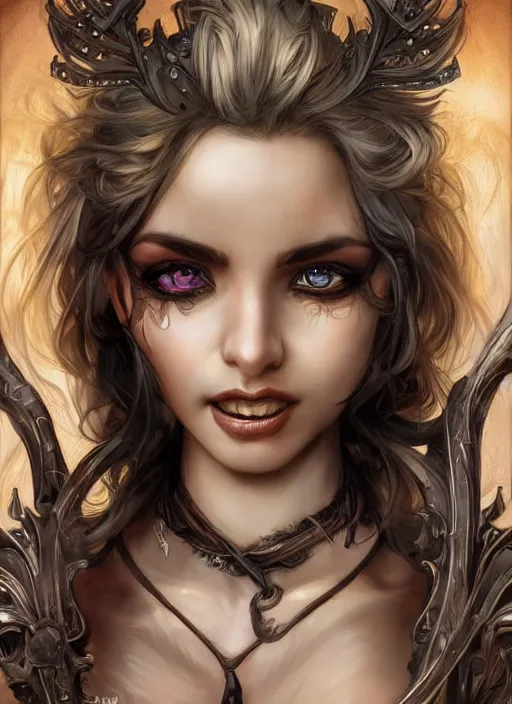 Image similar to female darkelf bard, beautiful detailed eyes and a bright smile, dirty, fantasy, intricate, rough, highly detailed, digital painting, 4k, HDR, concept art, smooth, sharp focus, upper body shot, illustration, art by Artgerm, H R Giger and Alphonse Mucha