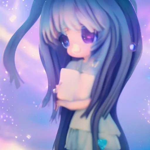 Prompt: cute fumo plush of a girl with a big heart, very long and unkempt hair, stylized pbr, subsurface scattering, outline glow lens flare, blob anime, bokeh, vray