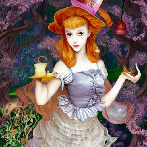 Image similar to Alice in Wonderland and the Mad Hatter, in the style of Japanese shoujo manga, inspired by pre-raphaelite paintings, mc Escher, John Singer Sargent, and Möbius, features marbled patterns, candles, lanterns, fungi, ethereal, playful, whimsical, gossamer lace and tulle, ethereal atmosphere, dramatic light, 4K shot, hyper detailed digital art