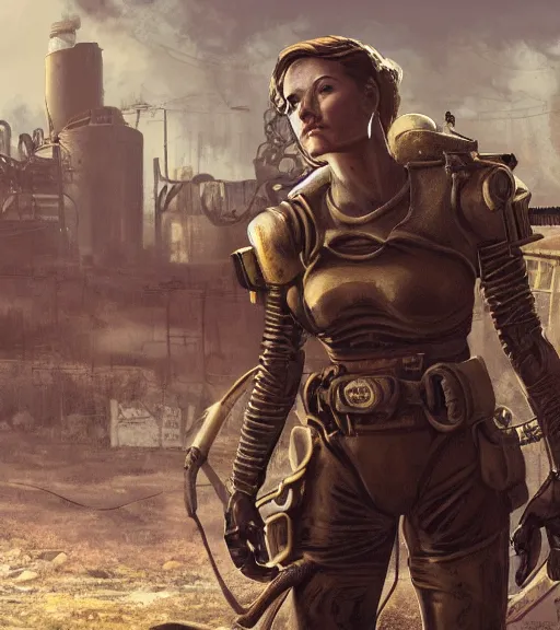 Image similar to fallout 5, concept art brunette female enclave officer leading a squad portrait, concept art, outdoors industrial setting, spring time, slight overcast, atmospheric lighting, painted, intricate, volumetric lighting, beautiful, sharp focus, golden hour, ultra detailed by leesha hannigan, ross tran, thierry doizon, kai carpenter, ignacio fernandez rios