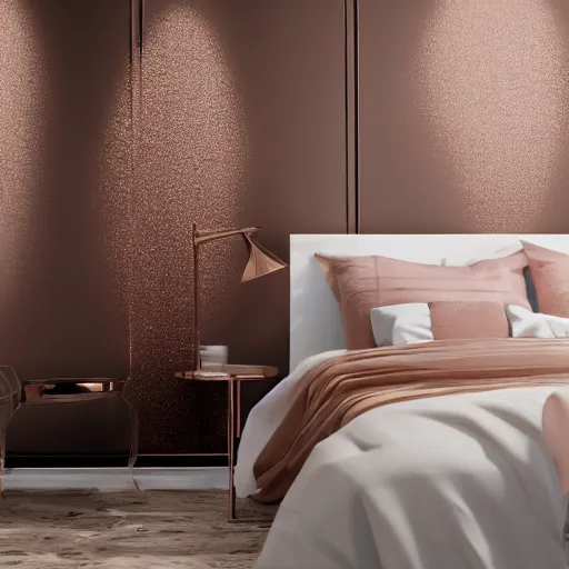 Image similar to 3 d render of white bedroom with rose gold metallic accents