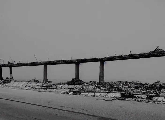 Prompt: grainy futuristic photo of the remains of an enormous destroyed freeway bridge on the new york coast after the apocalypse ; the bridge leads into the wide ocean