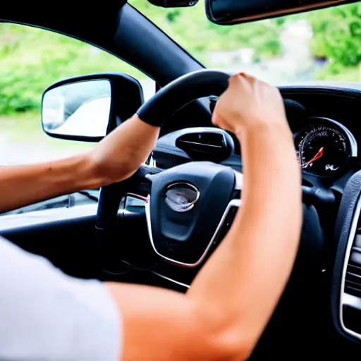 Image similar to extremely muscular hand gripping a steering wheel tightly, first person pov, detailed, inside car