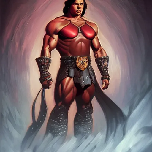 Image similar to portrait of thundarr the barbarian, d & d, muscular! athetic slim bodybuilder, red and black, futuristic, fantasy, intricate, elegant, highly detailed, digital painting, artstation, concept art, smooth, sharp focus, illustration, art by artgerm and greg rutkowski and alphonse mucha