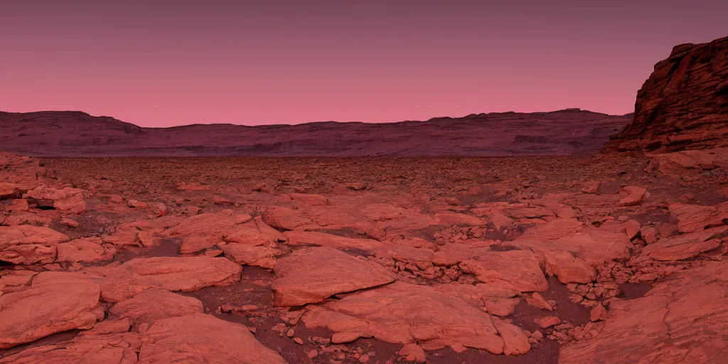 Image similar to a view looking out of a cave of a dried up river bend running through a canyon surrounded by desert mountains at sunset on mars, purple sky, two moons, planet mars, moab, utah, a tilt shift photo by frederic church, trending on unsplash, hudson river school, photo taken with provia, national geographic photo