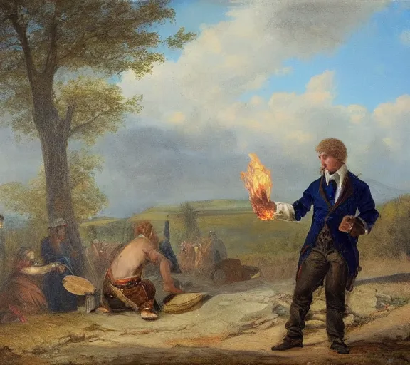 Image similar to landscape portrait of tyler childers throwing his money on a funeral pyre by william sidney mount, trending on artstation