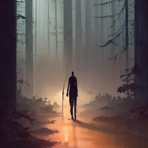 Image similar to concept art by greg rutkowski, a very tall and slender young man walking with a very tall and slender woman through a forest of giant trees, dark atmosphere, surrounded by fireflies, detailed portraits, disturbing atmosphere, scifi, digital painting, artstation, concept art, smooth, sharp foccus ilustration, artstation hq