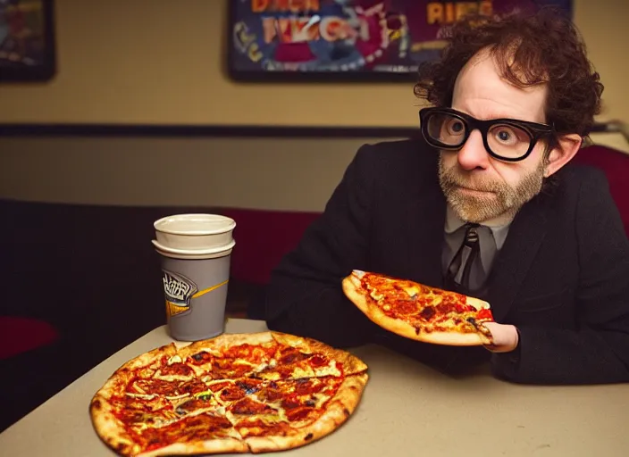 Prompt: cinematic portrait of charlie kaufman, with bear and glasses, eating pizza at chuck - e - cheese with sloppy cheesy sauce, dramatic lighting, moody film still from 2 0 1 6 film im thinking of ending things, 3 5 mm kodak color stock, 2 4 mm anamorphic lens, directed by spike jonze, ecktochrome