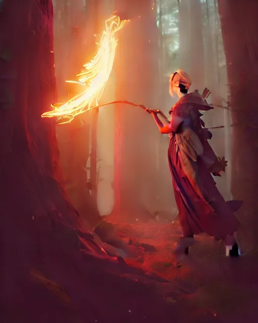 Image similar to highly detailed vfx portrait of a mage casting a wood spell, unreal engine, greg rutkowski, loish, rhads, beeple, makoto shinkai and lois van baarle, ilya kuvshinov, rossdraws, tom bagshaw, alphonse mucha, global illumination, detailed and intricate environment