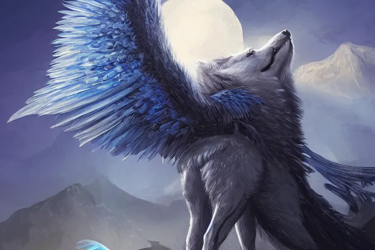 Image similar to Blue feathered wolf with wings on a beautiful fantasy landscape, hills, mountains, moonlit, HD, illustration, epic, D&D, fantasy, intricate, elegant, highly detailed, digital painting, artstation, concept art, smooth, sharp focus, illustration, art by XIAODI JIN, Anthony Devine and Yigit Koroglu