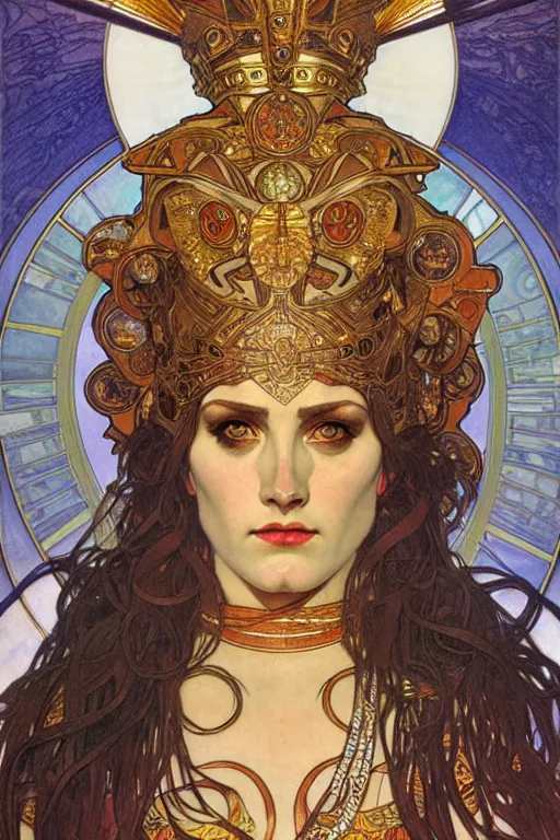 Image similar to The Godess Hera looking angry, detailed armor, portrait, highly detailed, colored pencil, beautiful face, symmetric face, cinematic, art by Alphonse Mucha