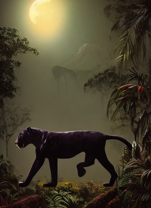 Image similar to a beautiful matte painting of a black jaguar walking in the jungle at night, with full moon in the sky, ayahuasca, by Pablo Amaringo