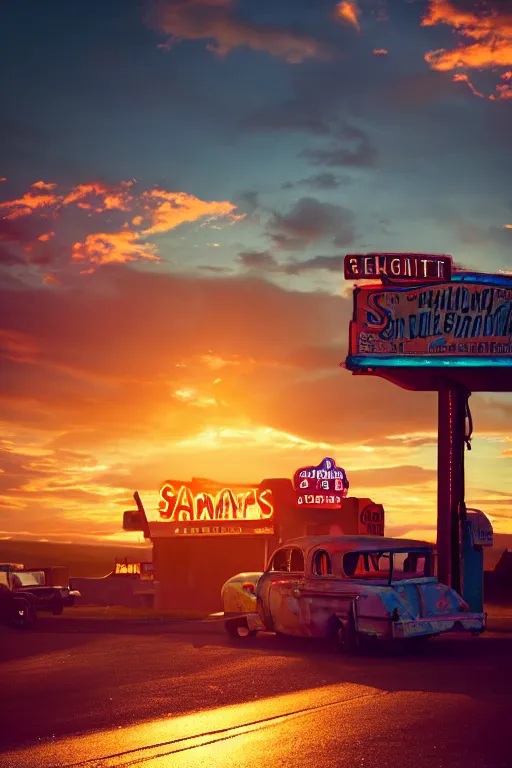 Image similar to a sunset light landscape with historical route 6 6, lots of sparkling details and sun ray ’ s, blinding backlight, smoke, volumetric lighting, colorful, octane, 3 5 mm, abandoned gas station, old rusty pickup - truck, beautiful epic colored reflections, very colorful heavenly, softlight