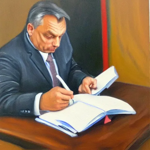 Image similar to viktor orban journaling in a cubicle, oil painting