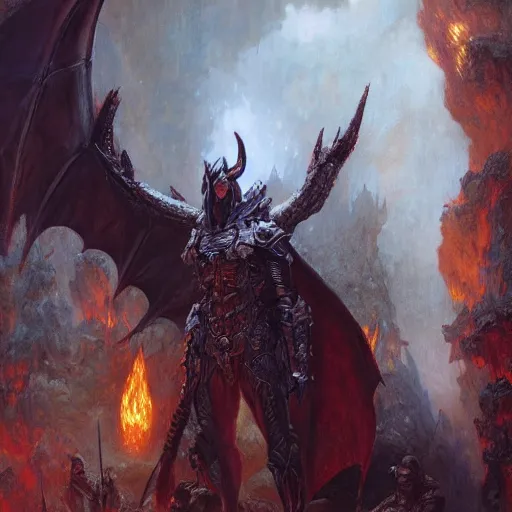 Image similar to a demon hunter stands in front of the gates to hell guarded by a huge dragon, painting by gaston bussiere, craig mullins, j. c. leyendecker, 4 k, 8 k, trending on artstation, artstationhd, artstationhq, highest detail