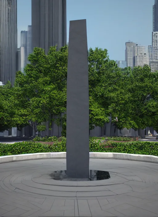 Prompt: highly detailed realistic architecture 3 d render of a futuristic stele monument in ieoh meng pei style standing in city park, archdaily, made in unreal engine 4 octane render