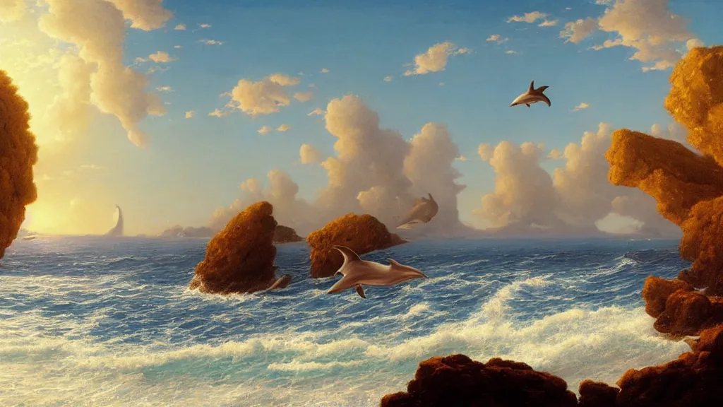 Image similar to sea, summer, clear beautiful sky, bright sky, dolphins jumping, peaceful, amazing, by andreas rocha and john howe, and Martin Johnson Heade, featured on artstation, featured on behance, golden ratio, ultrawide angle, f32, well composed