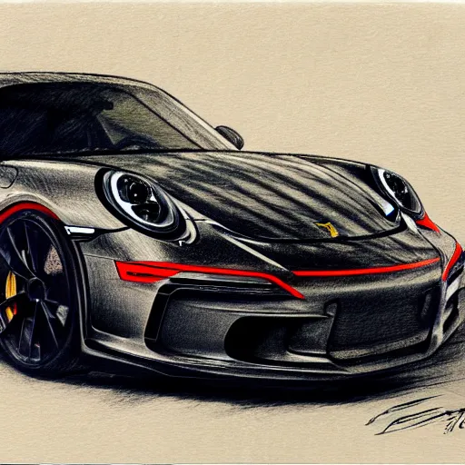 Image similar to a black 2 0 2 1 porsche 9 1 1 gt 3 driving on a windy road, action photo, pencil sketch