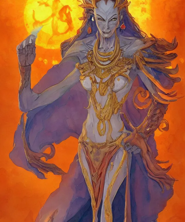 Image similar to a oil / watercolor painting full body character portrait of invoker of the sun goddess in the style of moebius in the style of frank frazetta trending on artstation deviantart pinterest detailed realistic hd 8 k high resolution