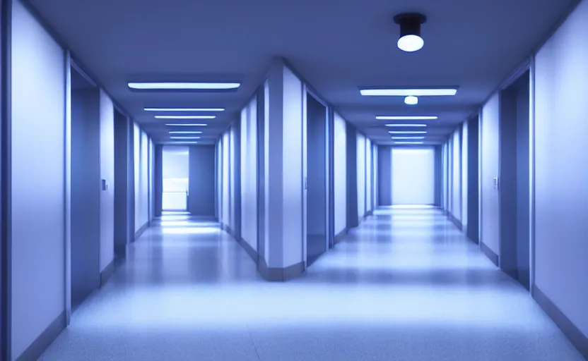 Image similar to an hallway in hospital with soft blue lights in the roof, octane render, artstation trending, highly detailded