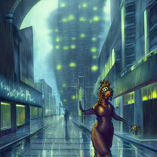 Image similar to beautiful commissioned artwork of an anthropomorphic lion woman walking through the seedy part of a futuristic city, rain, night, moody, urban, trending on furaffinity