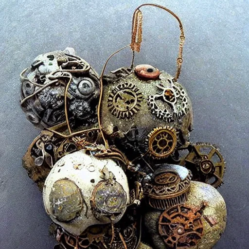 Image similar to steampunk rocks, ponds, filligree ornaments, floral ornaments, beksinski