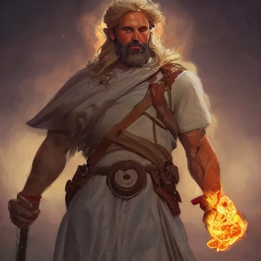 Prompt: Smattas, olive-skinned, bearded manly god of justice, with a flaming sword, D&D, highly detailed, digital painting, artstation, concept art, sharp focus, illustration, cinematic lighting, art by artgerm and greg rutkowski and alphonse mucha