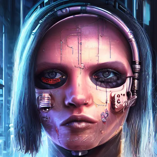 Image similar to extremely detailed portrait of a cyberpunk woman, eye implants, street vendors, citizens, augmented cyborgs, robots, skyscapers, buildings, clouds, sunset, painted by seb mckinnon, high detail, digital art, trending on artstation