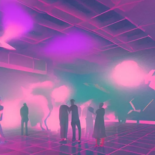 Prompt: vaporwave, people communicating with each other in groups of ten, a large hall, dim painterly lighting volumetric aquatics, party