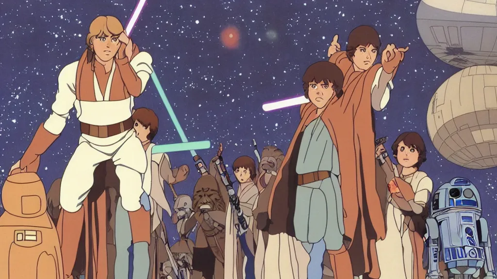 Image similar to film still Star Wars a new hope 1977 studio ghibli animation