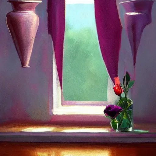 Prompt: The image would feature a windowsill with two vases. One vase containing a red rose. And the other vase containing a blue violet. The natural light from the window would be shining in on the scene. Trending on artstation