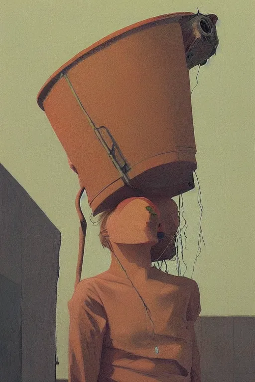 Image similar to a woman wearing a trash bin through her head to catch a trash Edward Hopper and James Gilleard, Zdzislaw Beksinski highly detailed