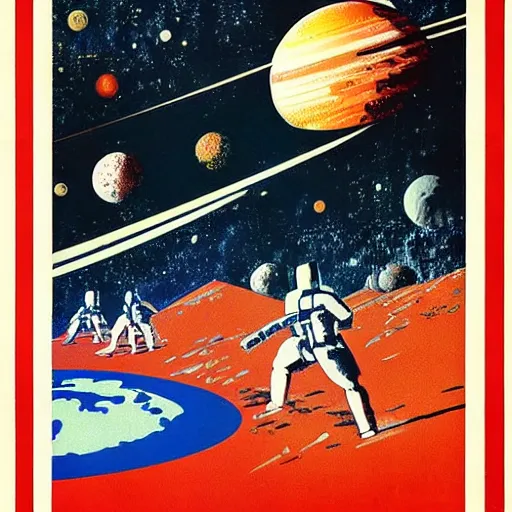 Prompt: soviet propaganda poster of colonization of the solar system