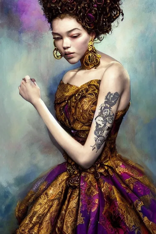 Image similar to an epic painting of a 19 years old girl figure, curly messy high bun hairstyle, whimsically designed oriental tattoos, subject wearing a gold and ruby alexander mcqueen medieval gown, flowing, ornate, beautiful, forbidden beauty, dramatic earth colors, with few vivid purple highlights, by Jeremy Mann, trending on Artstation, 80mm lens, rule of thirds, oil on canvas