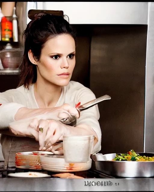 Image similar to photoshoot of actress rachel bilson cooking a meal, 8 k, photorealistic, shot in the style of annie leibovitz