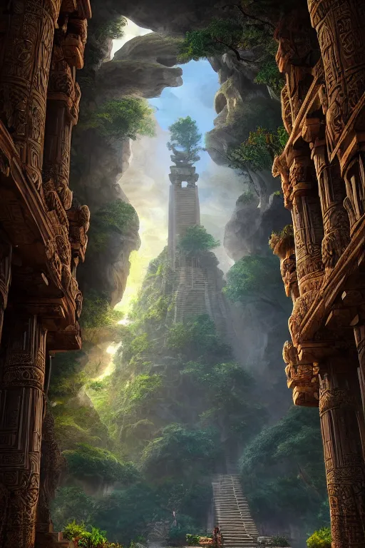 Prompt: An amazing interior of the temple of the gods of nature, intricate details, vast open interior, amazing and tall waterfalls, dramatic lighting, digital art, trending on Artstation, dark, hyper-realistic, detailed