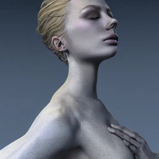Image similar to Art by Andrew Chiampo and Frederik Heyman, a highly detailed digital art rendering and concept design of a breathtaking young ethereal woman elegantly positioned and entwined in genuine silver liquid. Fantasy, hyperrealism, 4k, volumetric lighting, three dimensions, a digitally altered world, user interface design, 3D modeling, illustration, and transportation design.